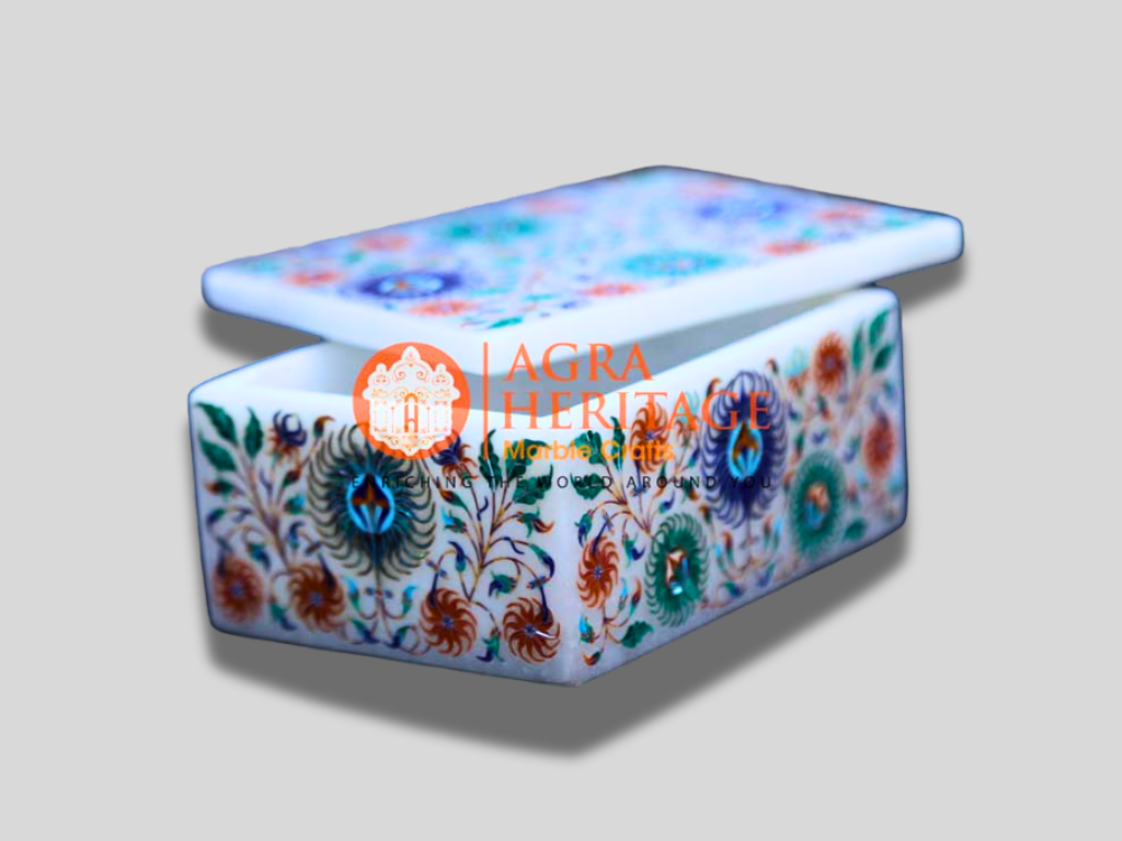 Decorative Marble Jewelry Box Multi Inlay Stone Girls Gift